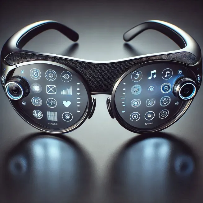 Image montrant une paire de lunettes futuristes avec des verres affichant des icônes numériques. Chaque verre affiche plusieurs icônes lumineuses représentant diverses applications et fonctionnalités, telles que la musique, les messages, les graphiques, et les paramètres. Les lunettes sont équipées de caméras sur les côtés des verres. L'ensemble donne une impression de technologie avancée et de réalité augmentée. 
