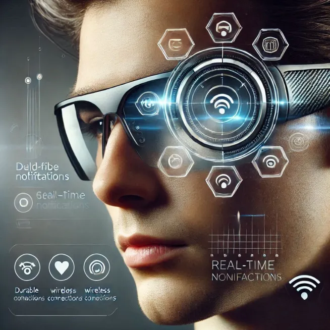 Image montre des lunettes futuristes avec des montures en fibre de carbone, symbolisant la durabilité. Les verres affichent des icônes numériques représentant diverses fonctionnalités de haute technologie.