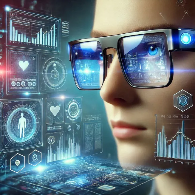 Image d'une personne portant des lunettes avec écrans ultra haute résolution et assistant virtuel intégré